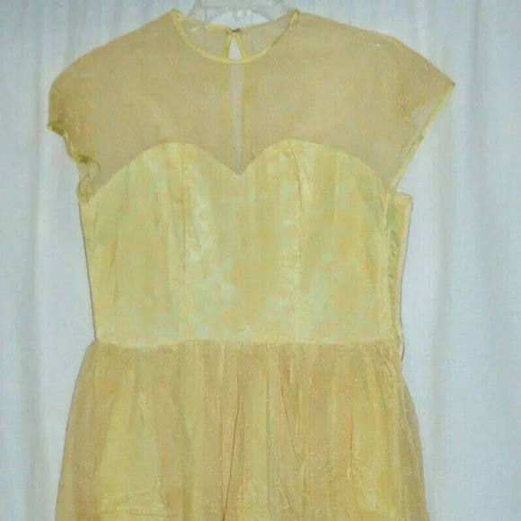 50s Pale Yellow Chiffon Floral Dress Sweatheart - Picture 1 of 8